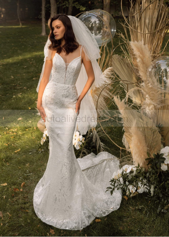 Spaghetti Straps Ivory Glitter Lace Tulle Chic Wedding Dress Spaghetti Straps Ivory Glitter Lace Tulle Chic Wedding Dress